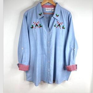 VTG Embroidered Christmas Denim Button Down 2X Candy Cane Gingham Holiday 90s